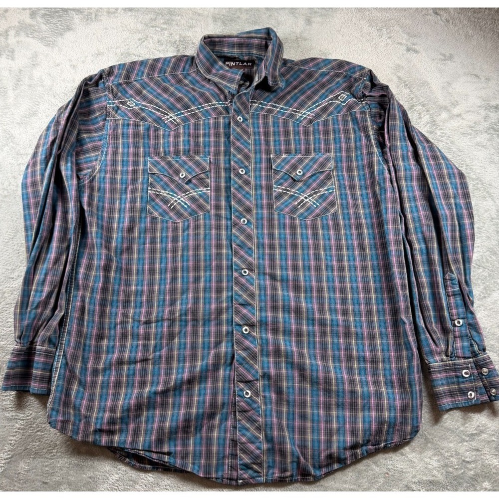 Pintlar Western Shirt Plaid Pearl Snap Embroidered Cowboy Mens Large